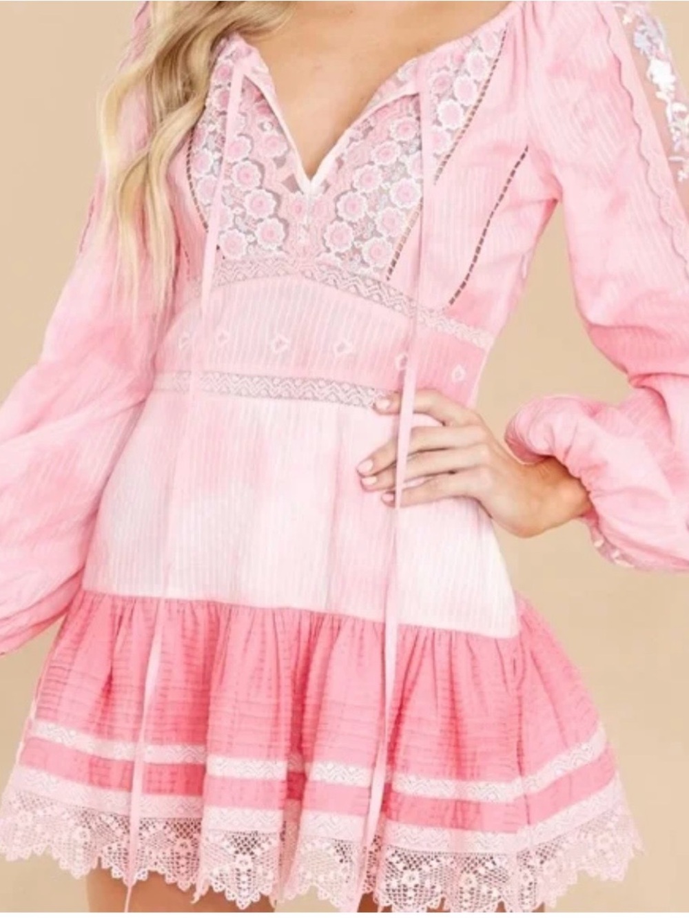 LoveShackFancy Pink Tiered Lace-Trim Mini Dress